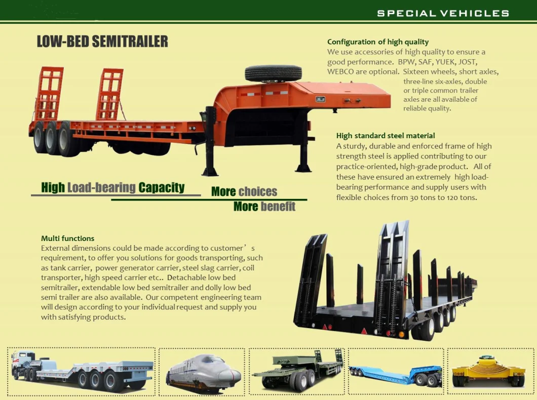 30-100 Tons Low Bed Factory Lowboy Loader Heavy Duty Dolly Trailer Drop Deck 2/3/4 Axles
